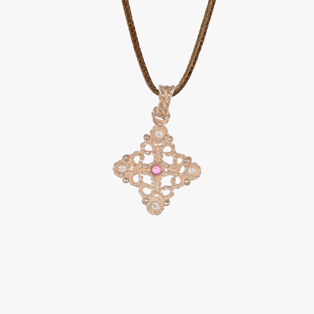 MassimoIzzoJewelers_CrossPendant_RoseGold18kt_Diamonds_RedRuby_Retro
