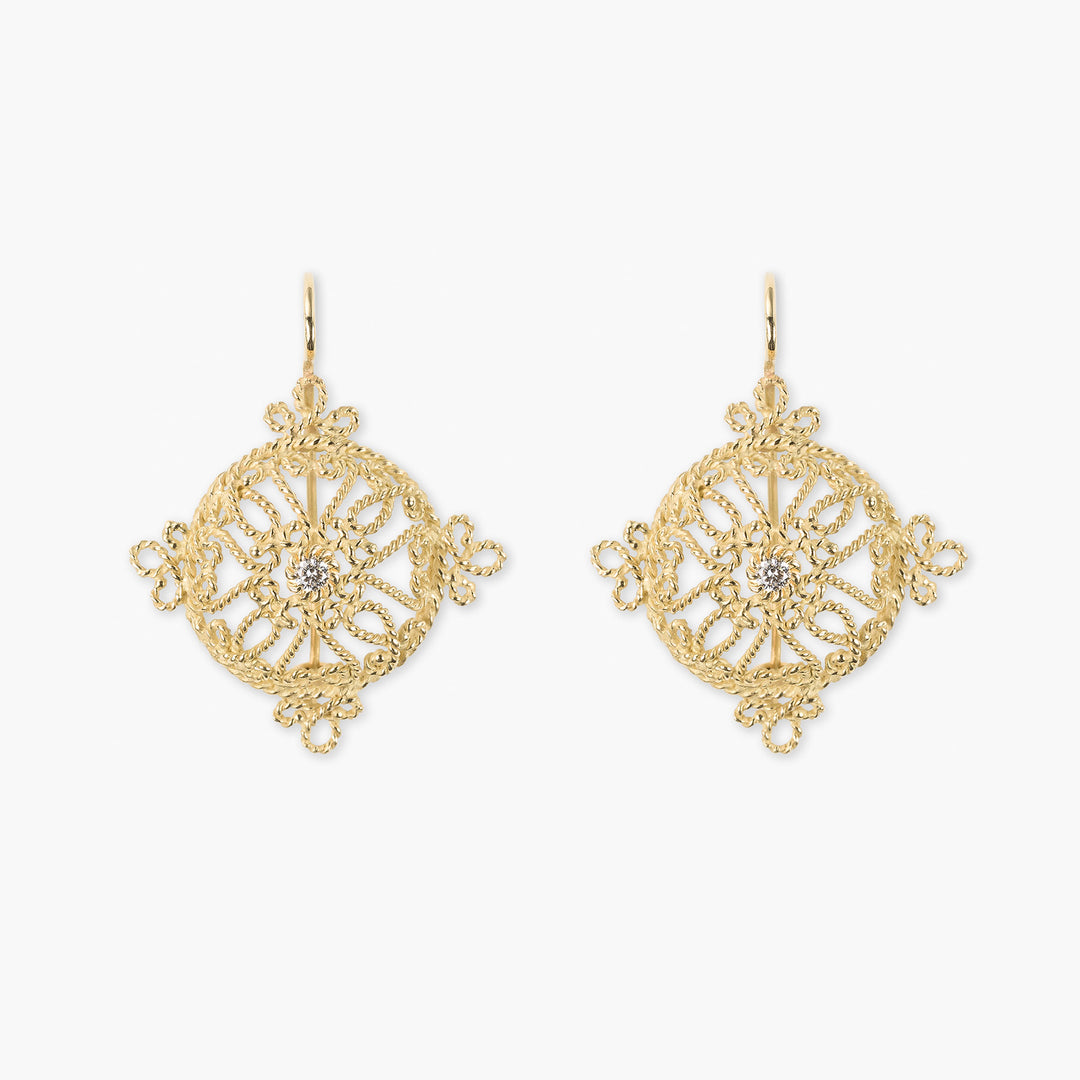 Orecchini Rosone collezione merletti siciliani di Massimo Izzo in oro giallo 18kt e diamante