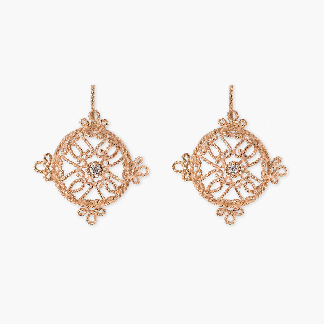 Orecchini Rosone collezione merletti siciliani di Massimo Izzo in oro rosa 18kt e diamante