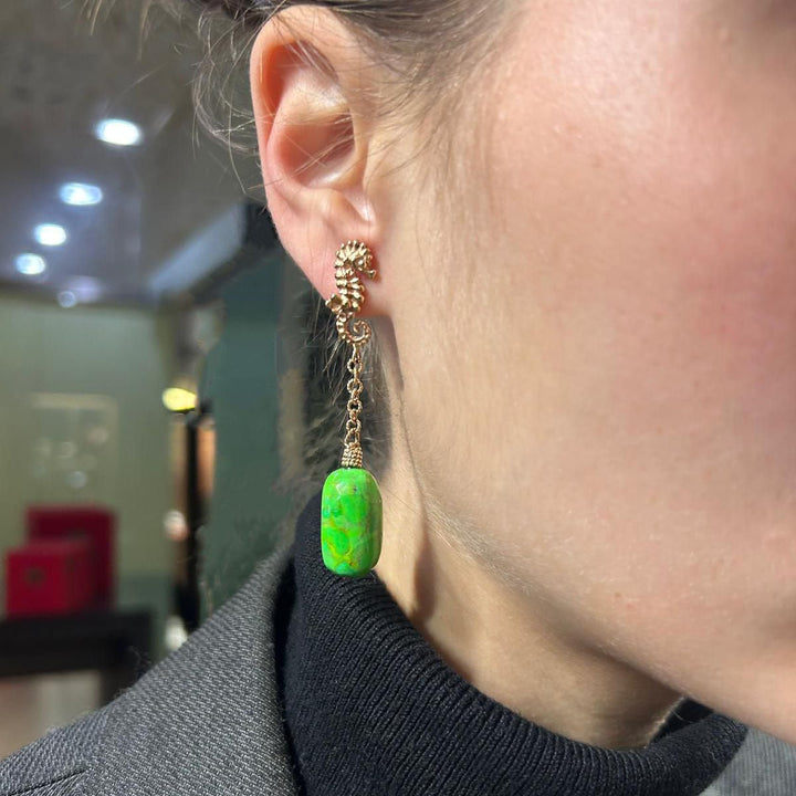Seahorse Earrings with Green Turquoise